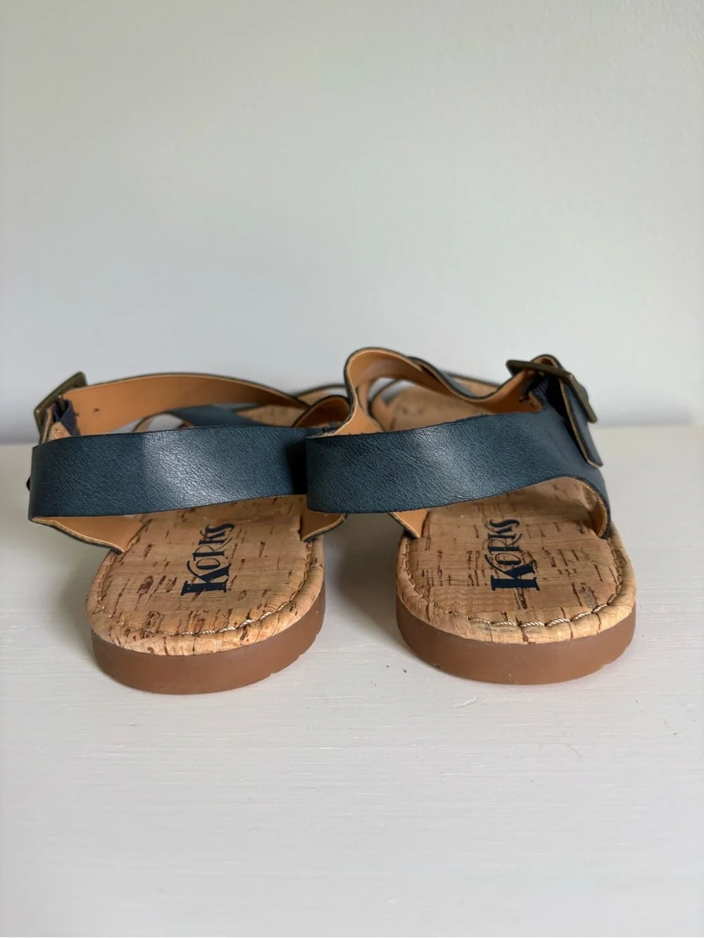 KORKS Jerrik Navy Blue Strappy Cork Flat Sandals Size 7.5 Eco Leather Comfort